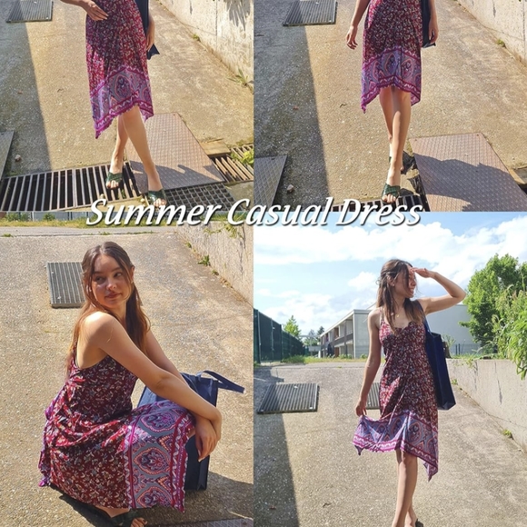 Spaghetti strap boho handkerchief hem flowy rayon dress - Picture 7 of 11